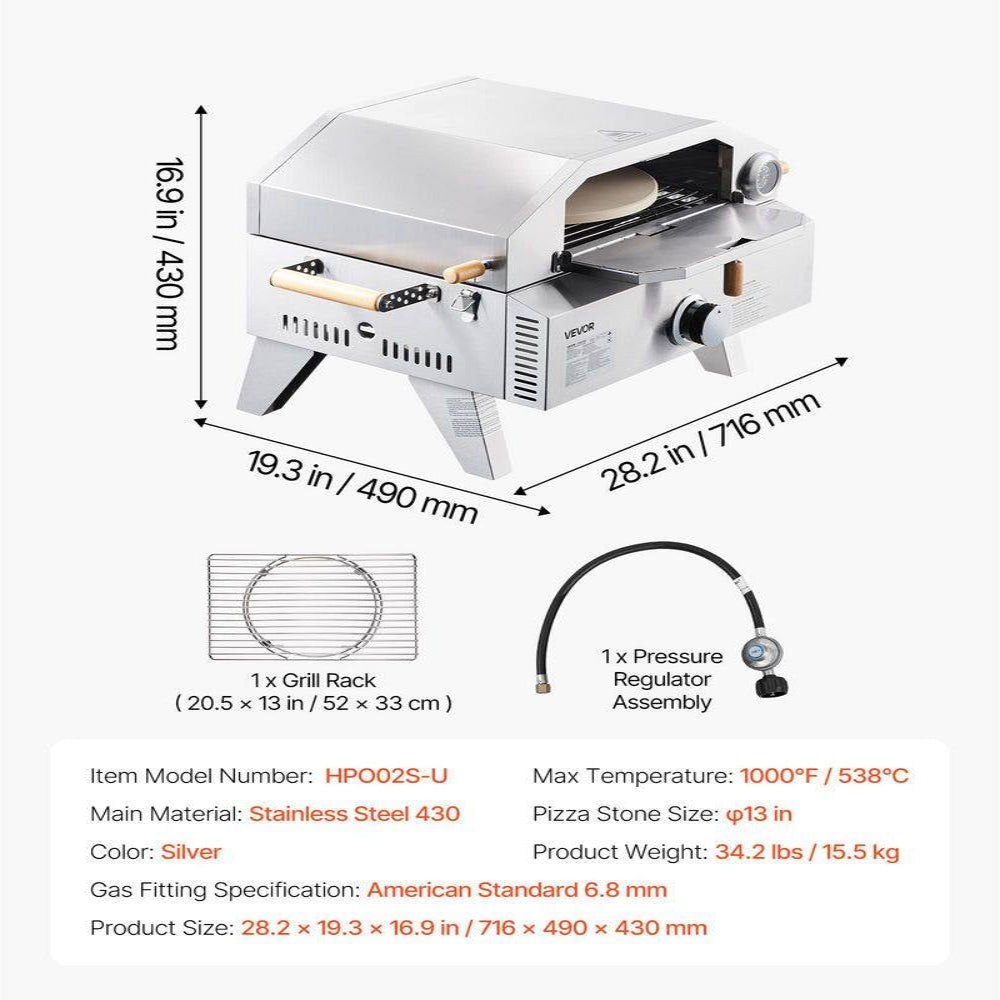 Outdoor Pizza Oven, 13 In. Gas Fired, Portable with Cordierite Pizza Stone, Built-In Thermometer, 2 Modes for Camping
