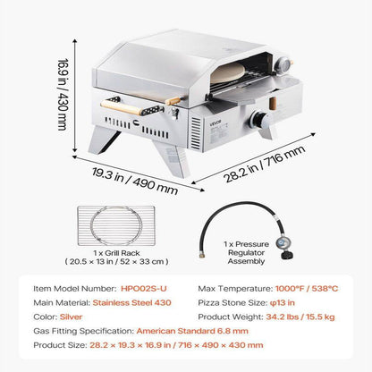 Outdoor Pizza Oven, 13 In. Gas Fired, Portable with Cordierite Pizza Stone, Built-In Thermometer, 2 Modes for Camping