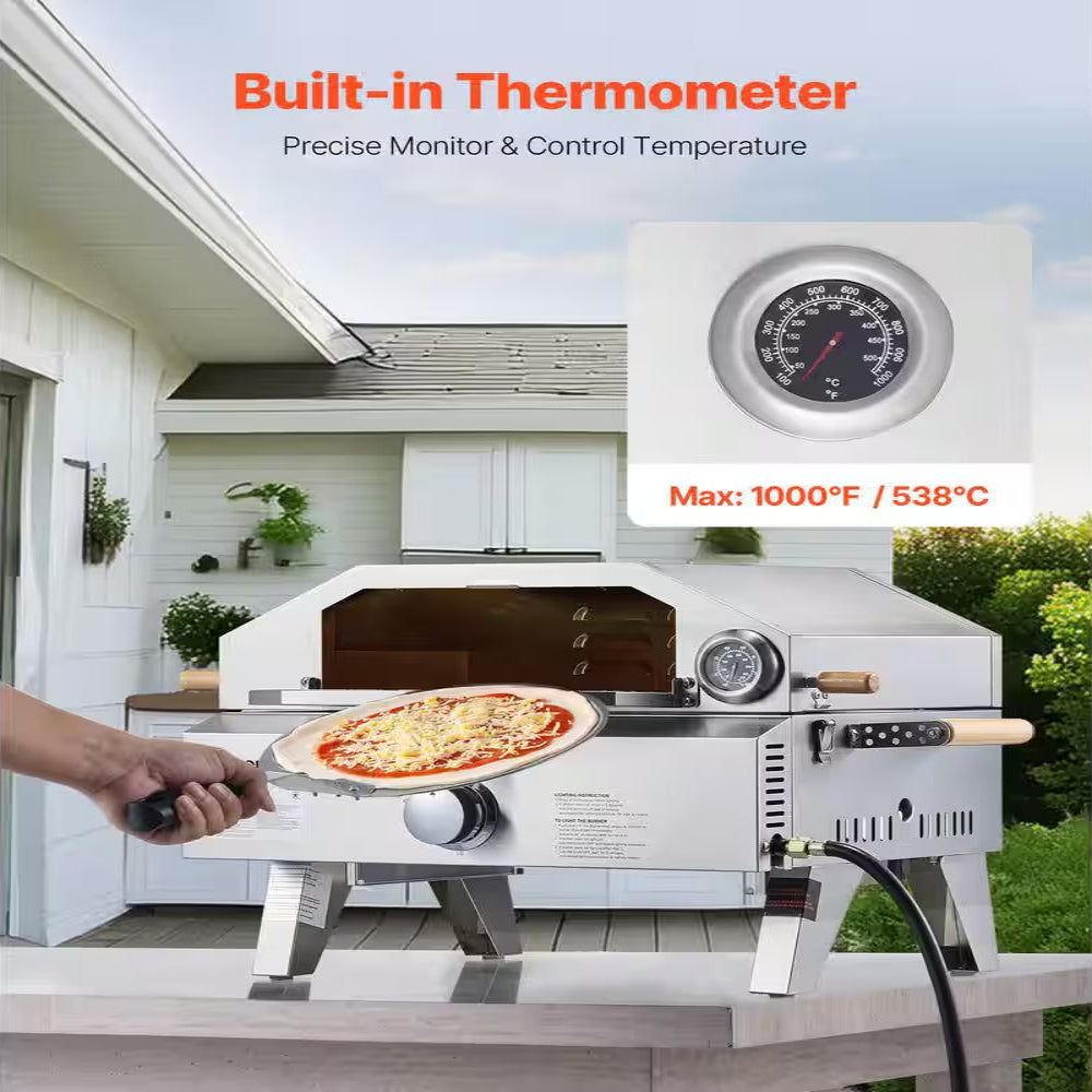 Outdoor Pizza Oven, 13 In. Gas Fired, Portable with Cordierite Pizza Stone, Built-In Thermometer, 2 Modes for Camping