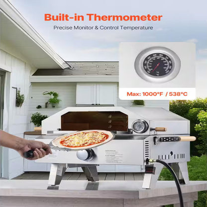 Outdoor Pizza Oven, 13 In. Gas Fired, Portable with Cordierite Pizza Stone, Built-In Thermometer, 2 Modes for Camping
