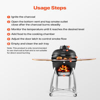 Charcoal Smoker and Grill, 18" Kamado Charcoal BBQ Smoker, Movable Ceramic Barbecue Grill with 4 Wheels (2 Lockable), Built-In Thermometer, Air Vents & Side Shelf for Outdoor Patio Yard Cooking