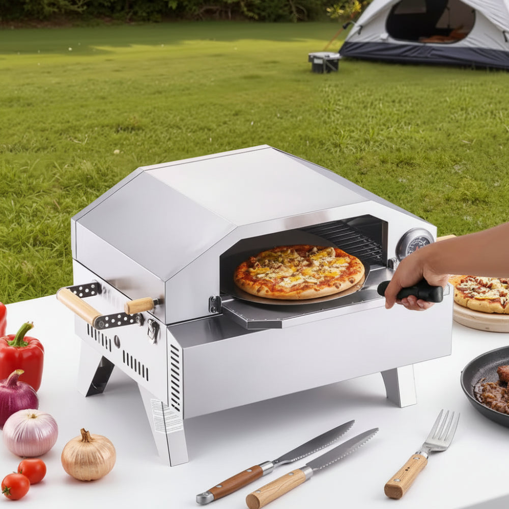 Outdoor Pizza Oven, 13 In. Gas Fired, Portable with Cordierite Pizza Stone, Built-In Thermometer, 2 Modes for Camping