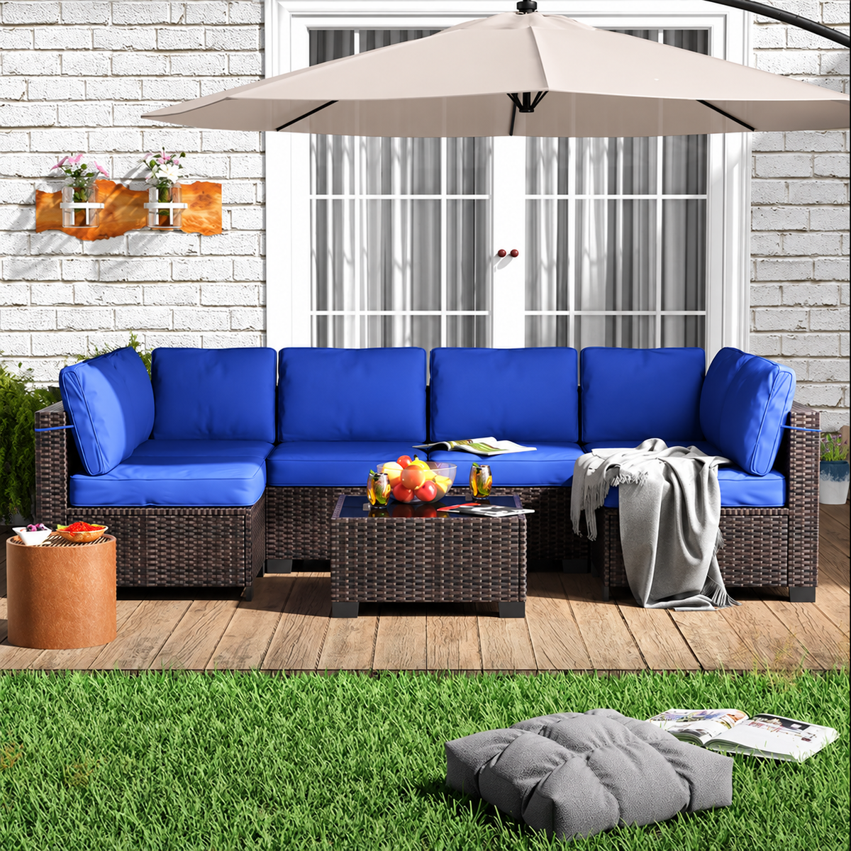 7-Piece Modular Outdoor Furniture Set, PE Rattan Wicker Sectional Modular Conversation Sofa Set, Perfect For Garden Balcony
