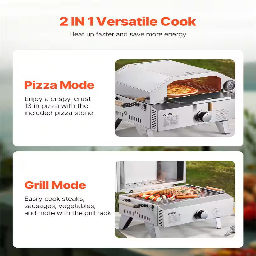 Outdoor Pizza Oven, 13 In. Gas Fired, Portable with Cordierite Pizza Stone, Built-In Thermometer, 2 Modes for Camping