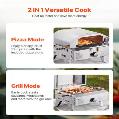Outdoor Pizza Oven, 13 In. Gas Fired, Portable with Cordierite Pizza Stone, Built-In Thermometer, 2 Modes for Camping