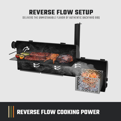 Longhorn Reverse Flow Offset Charcoal Smoker and Grill with 1060 Sq. In. Cooking Area in Black