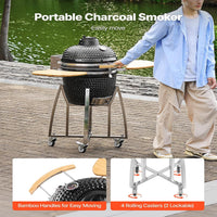 Charcoal Smoker and Grill, 18" Kamado Charcoal BBQ Smoker, Movable Ceramic Barbecue Grill with 4 Wheels (2 Lockable), Built-In Thermometer, Air Vents & Side Shelf for Outdoor Patio Yard Cooking