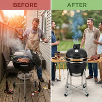 Charcoal Smoker and Grill, 18" Kamado Charcoal BBQ Smoker, Movable Ceramic Barbecue Grill with 4 Wheels (2 Lockable), Built-In Thermometer, Air Vents & Side Shelf for Outdoor Patio Yard Cooking — Before & After