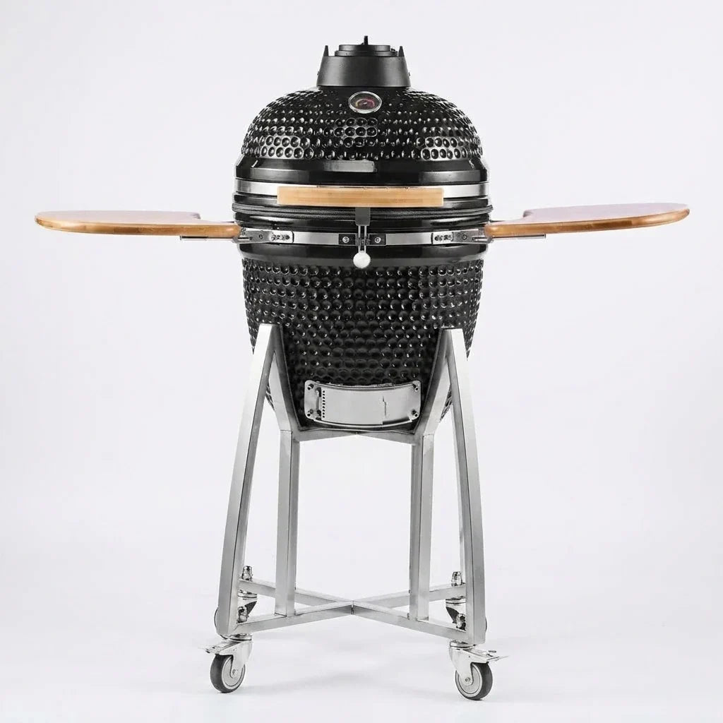 Charcoal Smoker and Grill, 18" Kamado Charcoal BBQ Smoker, Movable Ceramic Barbecue Grill with 4 Wheels (2 Lockable), Built-In Thermometer, Air Vents & Side Shelf for Outdoor Patio Yard Cooking — Studio Shot