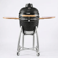 Charcoal Smoker and Grill, 18" Kamado Charcoal BBQ Smoker, Movable Ceramic Barbecue Grill with 4 Wheels (2 Lockable), Built-In Thermometer, Air Vents & Side Shelf for Outdoor Patio Yard Cooking — Studio Shot