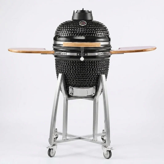 Charcoal Smoker and Grill, 18" Kamado Charcoal BBQ Smoker, Movable Ceramic Barbecue Grill with 4 Wheels (2 Lockable), Built-In Thermometer, Air Vents & Side Shelf for Outdoor Patio Yard Cooking — Studio Shot