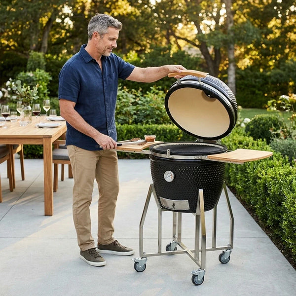 Kamado Charcoal Smoker Grill Built for Outdoor BBQ, 18" Ceramic Construction, Rolling Wheels, Side Shelves