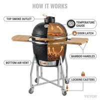 Charcoal Smoker and Grill, 18" Kamado Charcoal BBQ Smoker, Movable Ceramic Barbecue Grill with 4 Wheels (2 Lockable), Built-In Thermometer, Air Vents & Side Shelf for Outdoor Patio Yard Cooking — How It Works