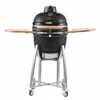 Charcoal Smoker and Grill, 18" Kamado Charcoal BBQ Smoker, Movable Ceramic Barbecue Grill with 4 Wheels (2 Lockable), Built-In Thermometer, Air Vents & Side Shelf for Outdoor Patio Yard Cooking