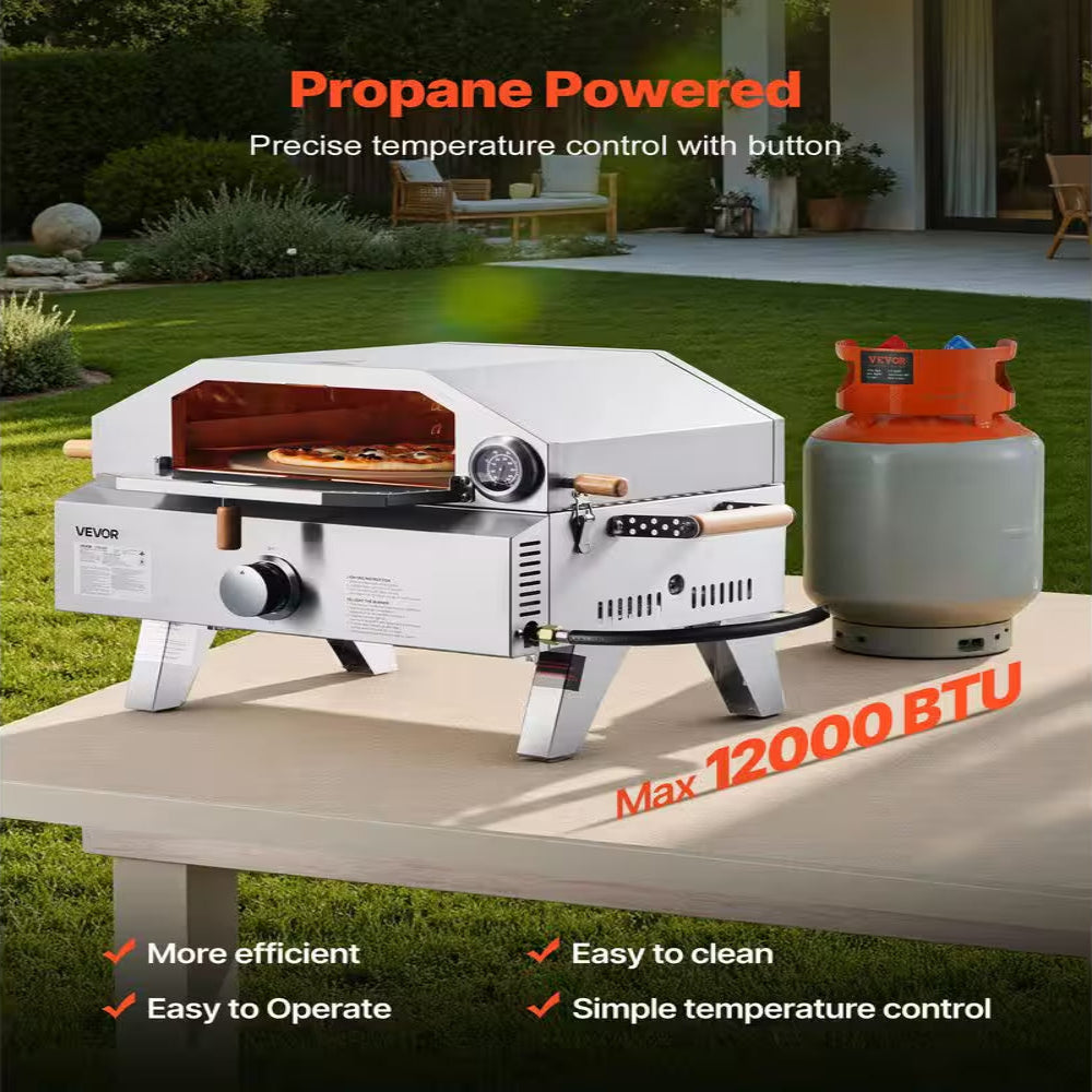 Outdoor Pizza Oven, 13 In. Gas Fired, Portable with Cordierite Pizza Stone, Built-In Thermometer, 2 Modes for Camping