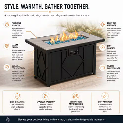 42 In. 60,000BTU Fire Pit Propane Gas Fire Pit Table Rectangular Tabletop