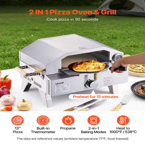 Outdoor Pizza Oven, 13 In. Gas Fired, Portable with Cordierite Pizza Stone, Built-In Thermometer, 2 Modes for Camping